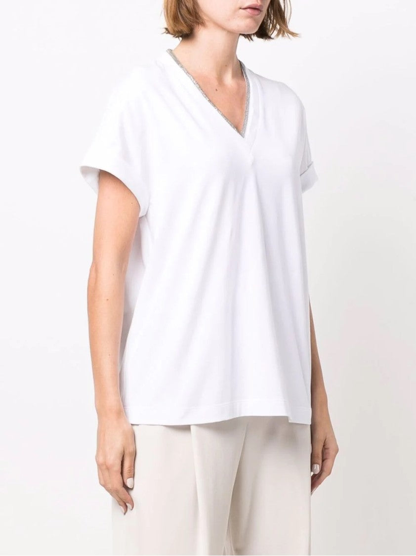 Brunello Cucinelli V-Neck Top With Rolled Sleeves And Metallic Trim