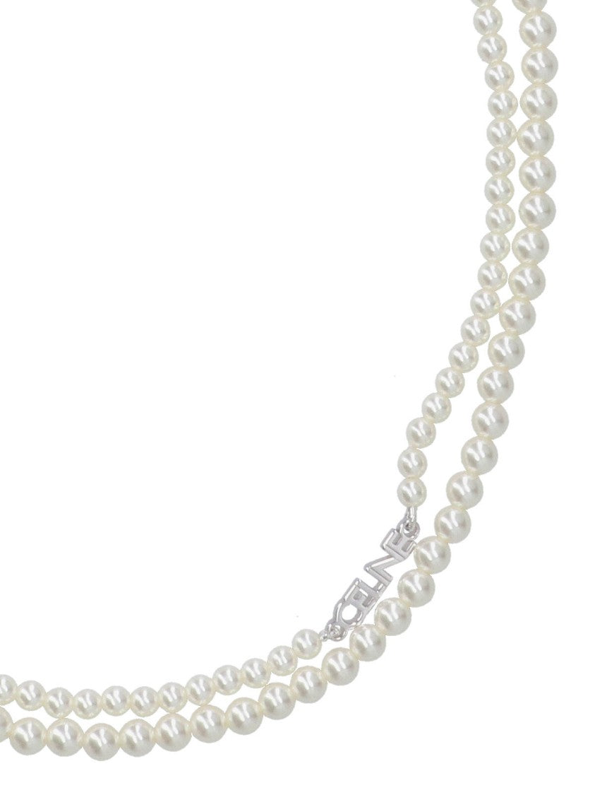 Céline Double-Strand Glass Pearl Necklace With Silver-Toned Charm