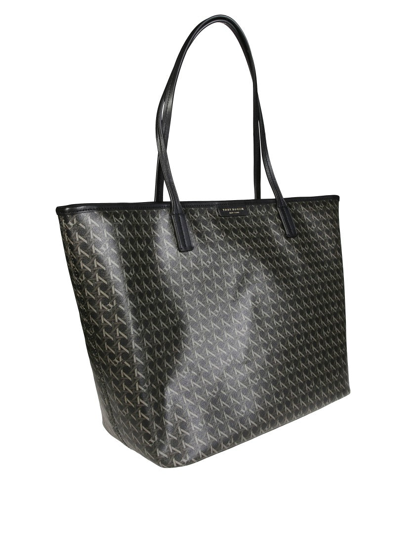 Tory Burch Trapezoidal Black Cotton Tote With Subtle Pattern