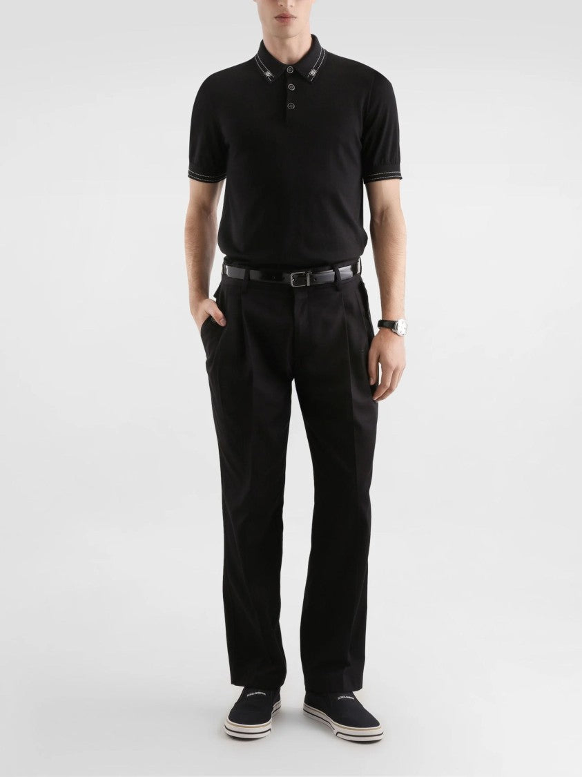 Dolce & Gabbana Black Silk Contrast Stitch Polo Shirt