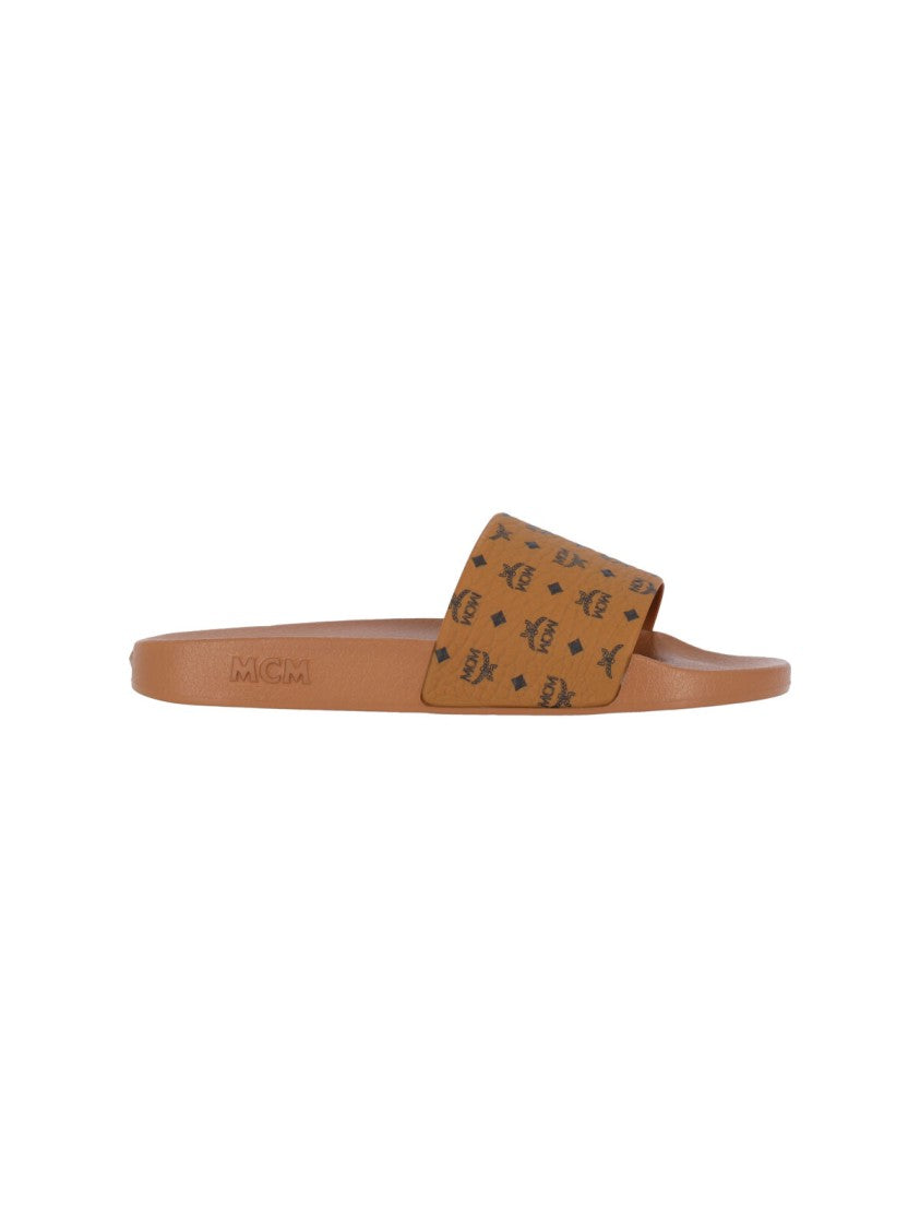 Mcm "Monogram" Slide Sandals Brown