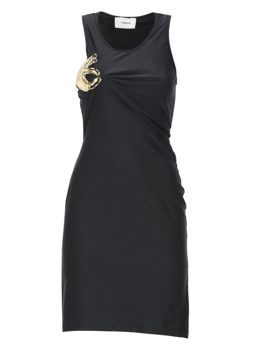 Coperni Fitted Black Mini Dress With Gold Metallic Hand Pin