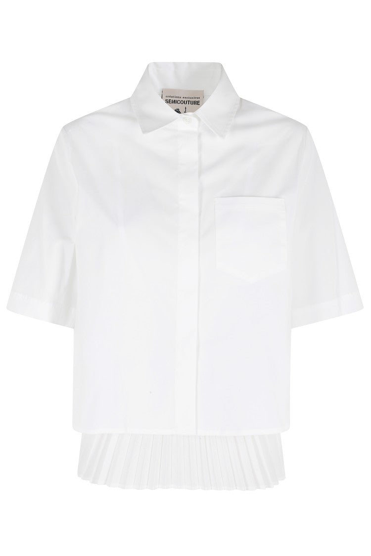 Semi Couture White Dominga Pleated Bottom Half-Sleeve Cotton Shirt