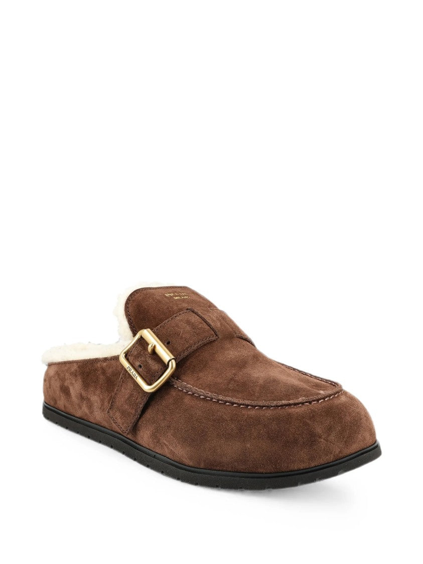 Prada Brown Suede Slip-On Flats With Plush Lining And Decorative Buckle