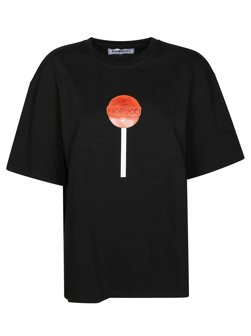 Fiorucci Cropped Black Graphic Print T-Shirt With Round Neckline