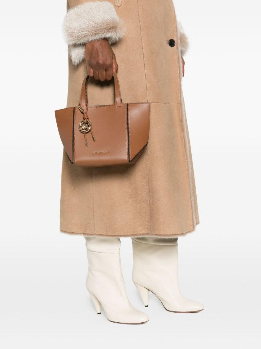 Michael Kors Trapezoidal Brown Leather Tote Bag With Decorative Charm