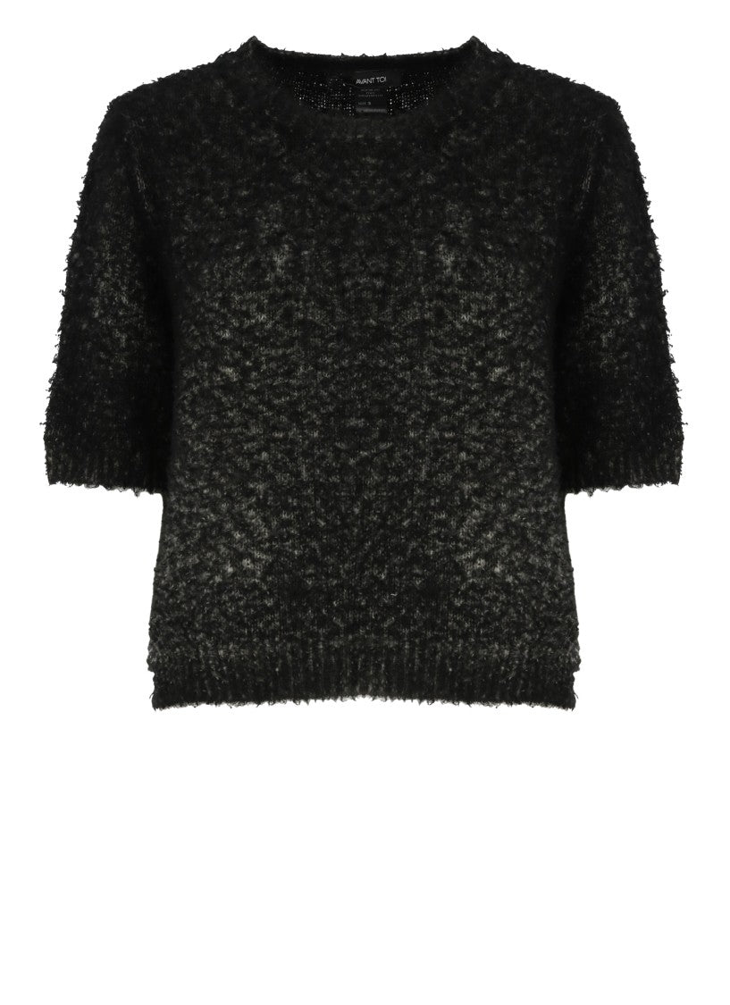 Avant Toi Textured Black Melange Cotton Sweater With Cropped Silhouette