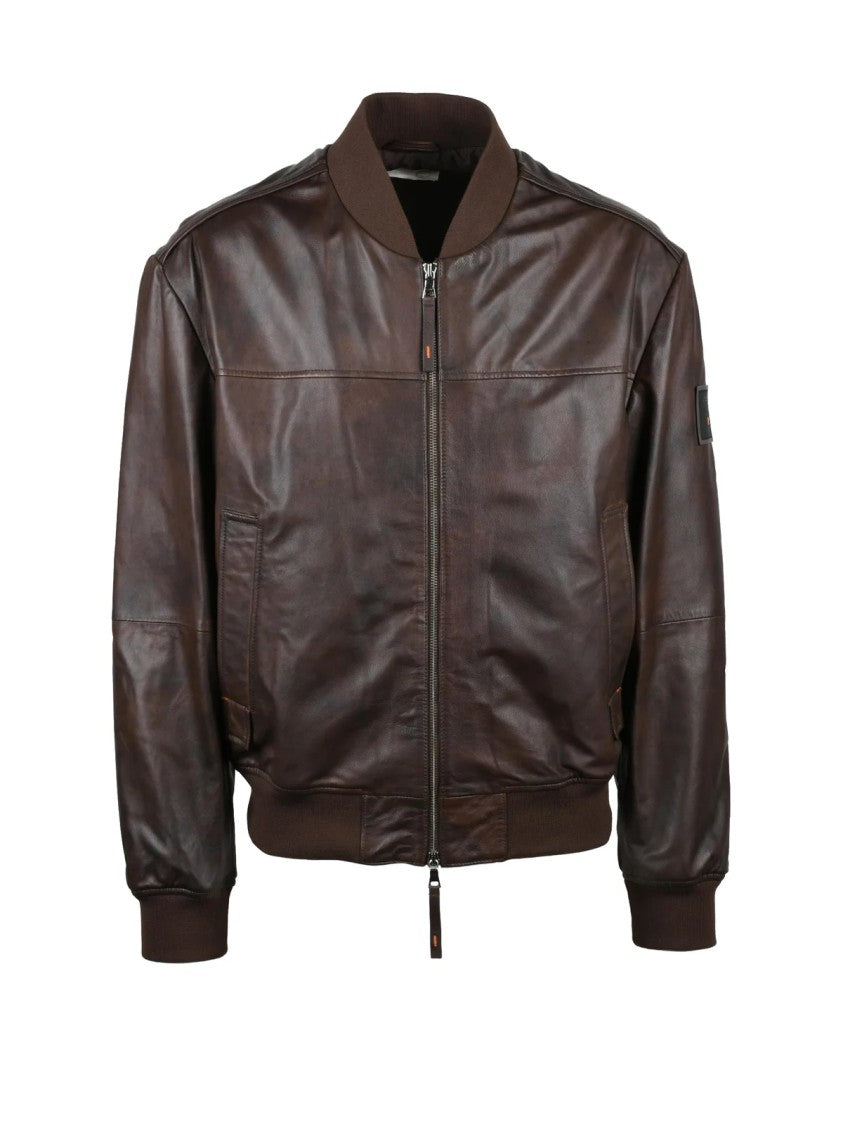 Dekker Brown Leather Jacket With Zip Closure And Ribbed Accents