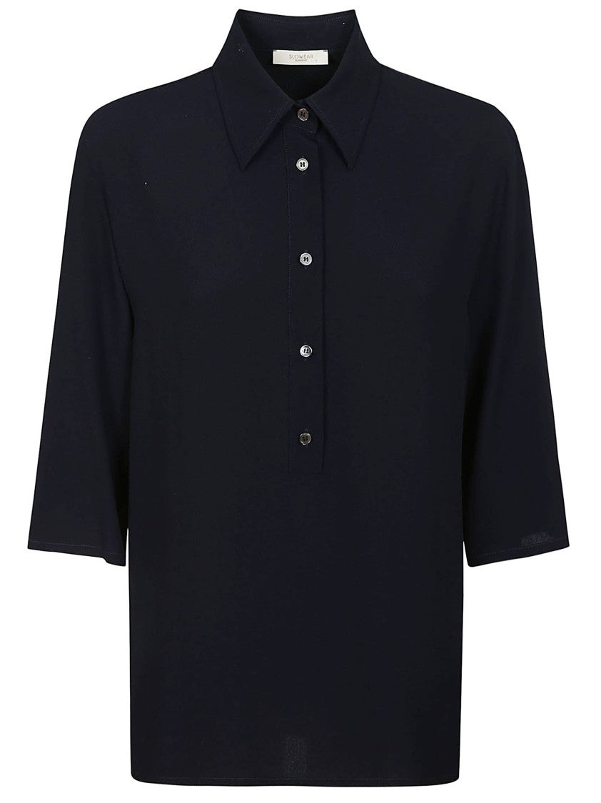 Glanshirt Three-Quarter Sleeves Navy Silk Blend Shirt