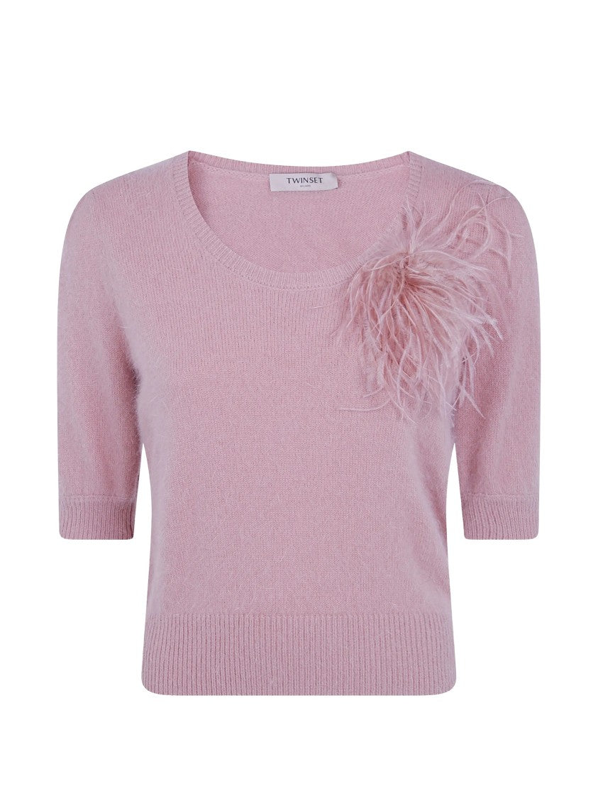 Twin-Set Short-Sleeved Knit Top With Feather Embellishment