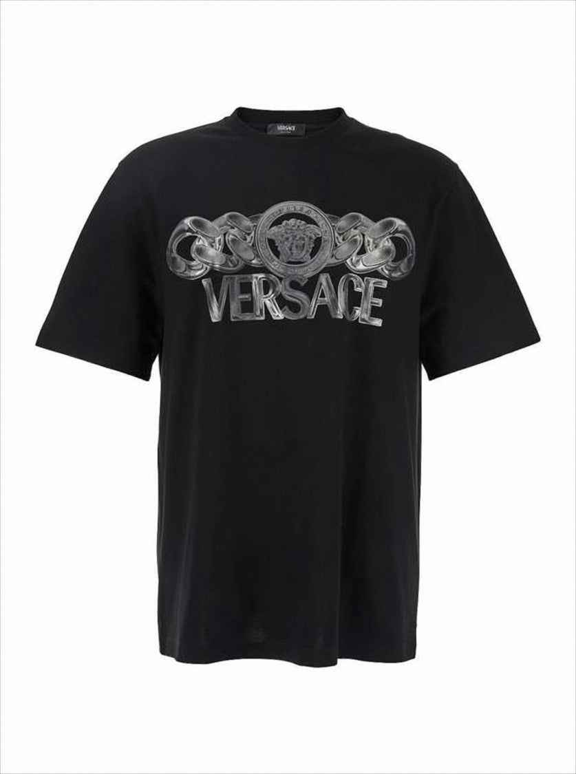 Versace Short-Sleeved Black T-Shirt With Bold Silver Graphic