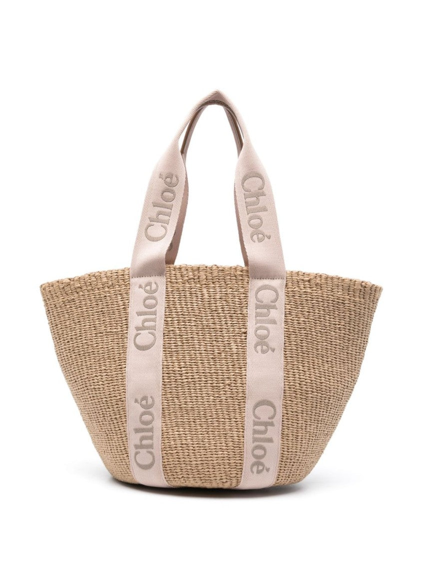 Chloé Woven Logo Print Handles Spacious Fabric Tote Bag