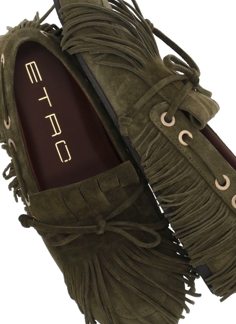 Etro Fringed Green Suede Moccasin With Bow