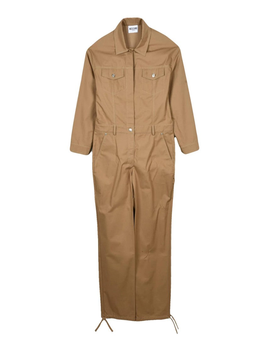 Mo5ch1no Jeans Beige Canvas Button Front Cotton Jumpsuit