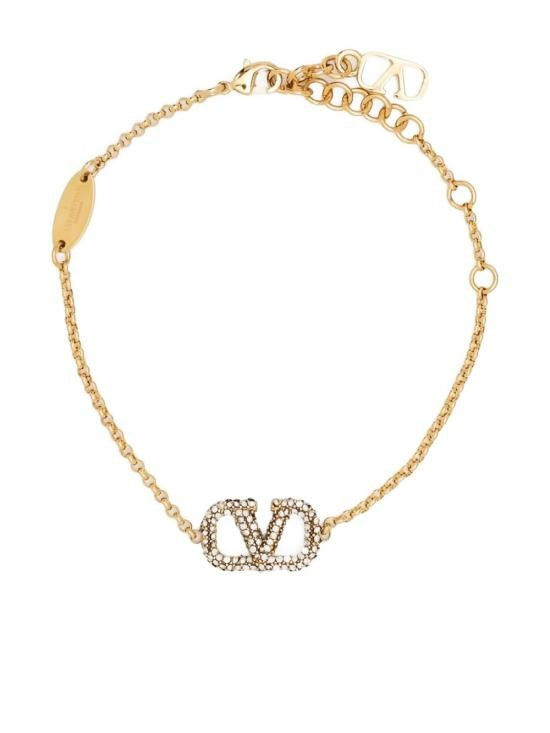 Valentino Garavani V-Logo Crystal-Embellished Brass Bracelet