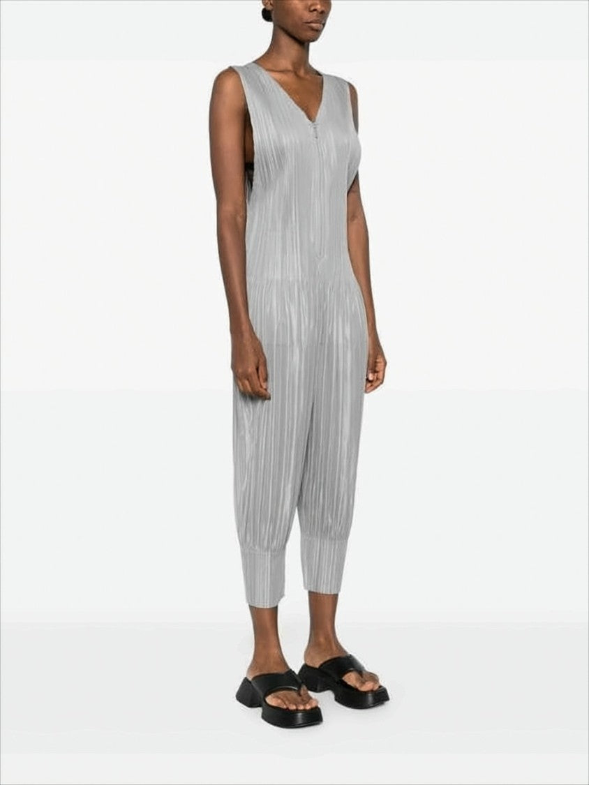 Pleats Please Pleated Textured Sleeveless Jumpsuit With V-Neckline