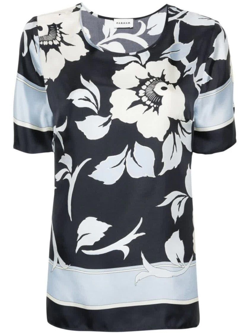 P.A.R.O.S.H. Floral Print Silk Short Sleeve Blouse