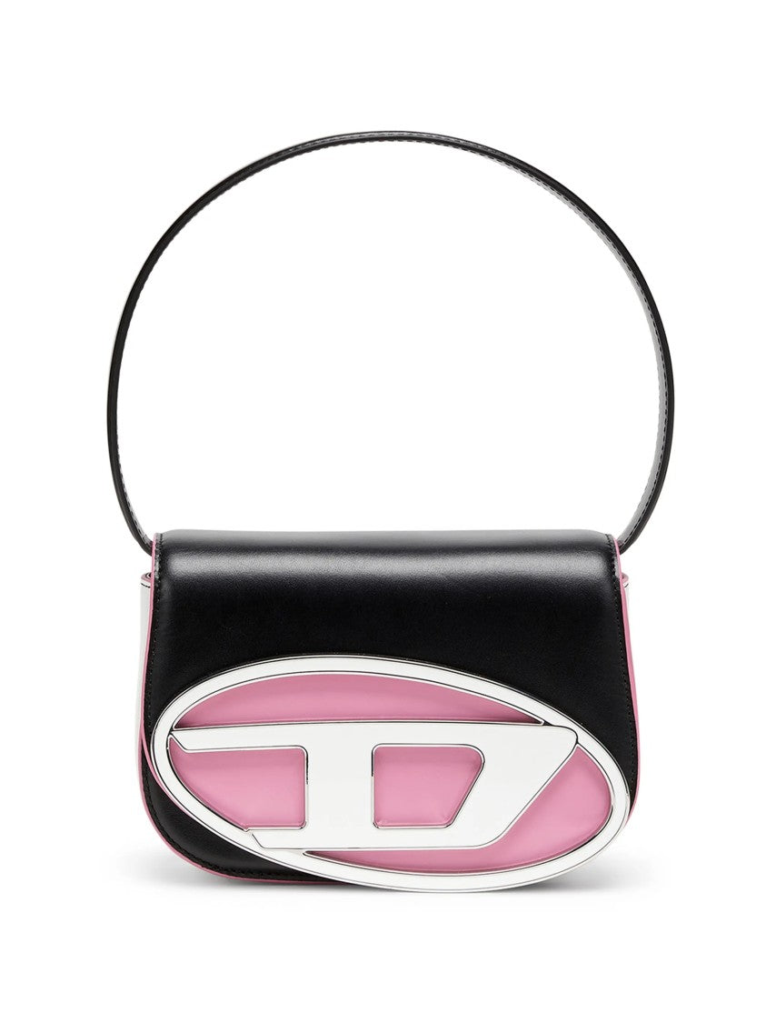 Diesel Rectangular Black Shoulder Bag With Silver Emblem And Pink Accents
