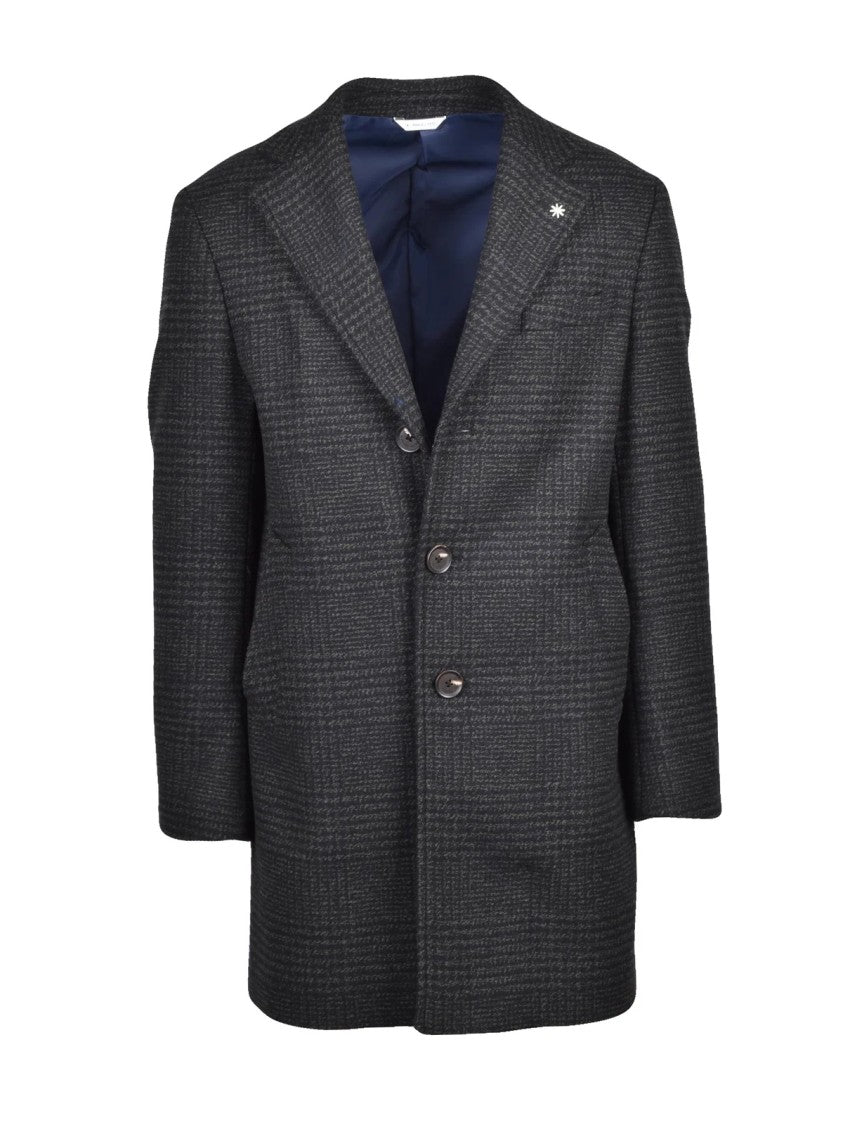 Manuel Ritz Black/Green Checkered Wool-Blend Buttoned Coat
