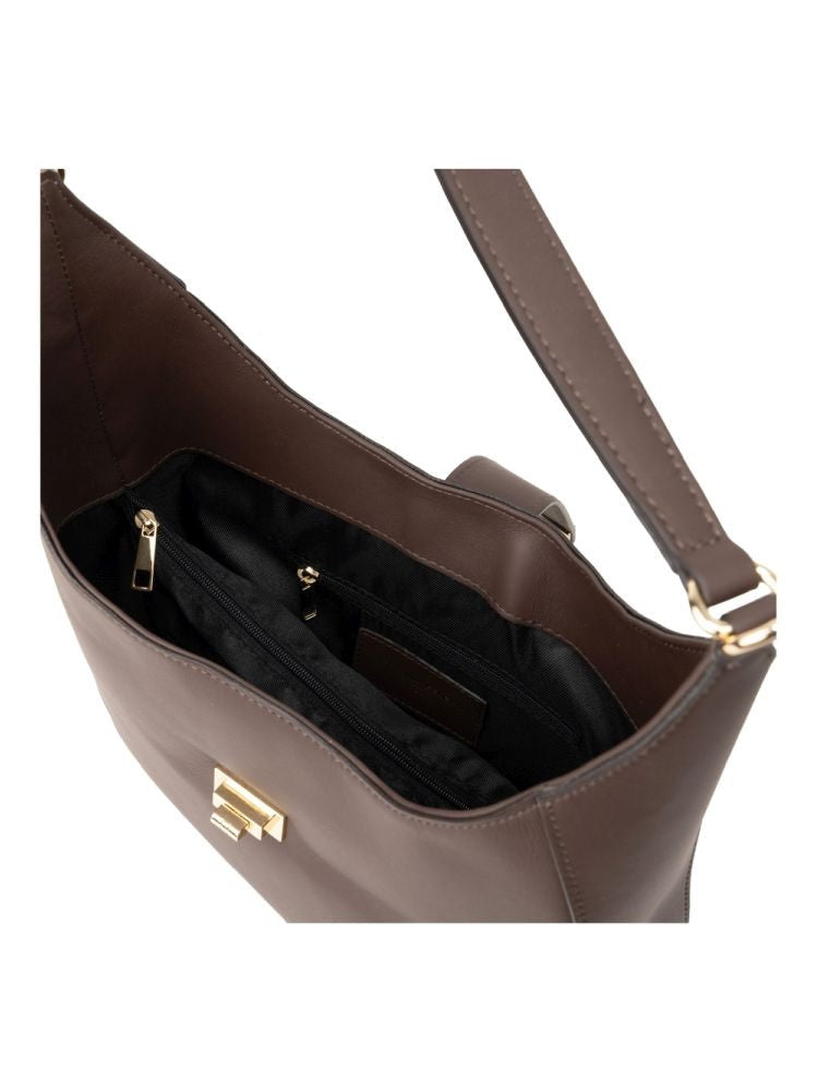 Adrianna Feretti Structured Brown Leather Tote Bag With Gold-Tone Turn-Lock Closure