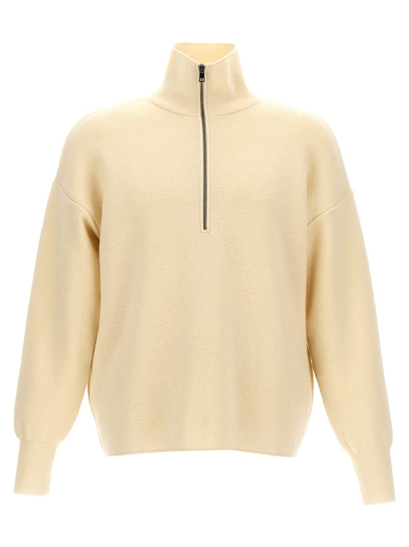 Ma'ry'ya Half Zip Wool Sweater With Cuffed Sleeves And Relaxed Fit