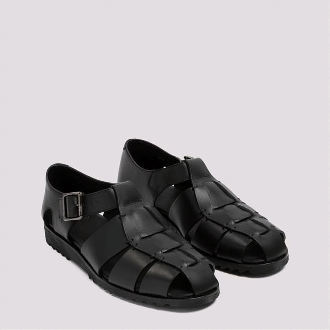 Paraboot Closed-Toe Black Leather Sandal With Woven Straps