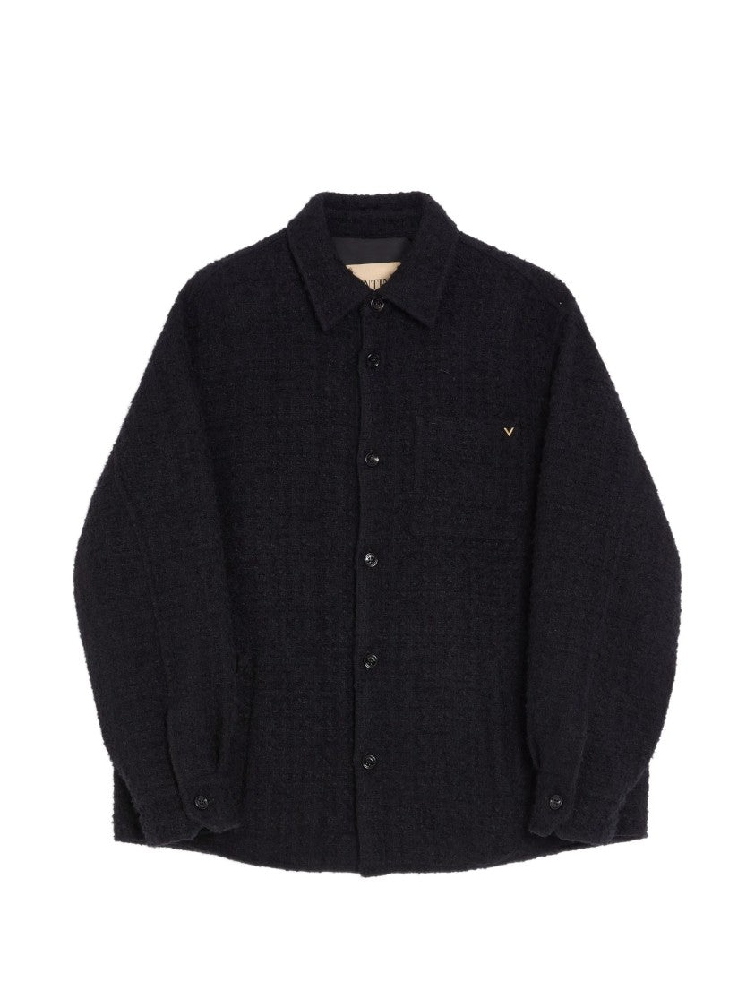 Valentino Textured Black Button-Up Jacket With Classic Collar And Subtle Logo