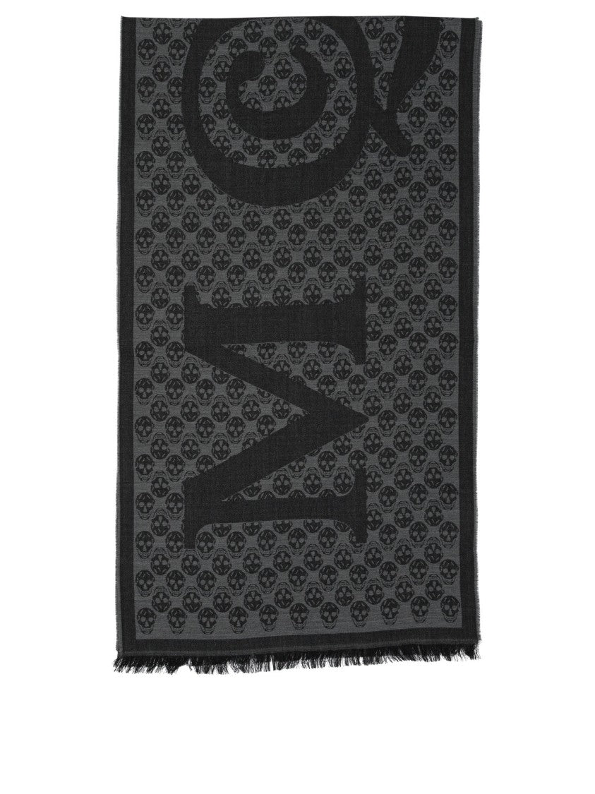 Alexander Mcqueen Multi-Logo Wool Scarf With Fringed Edges