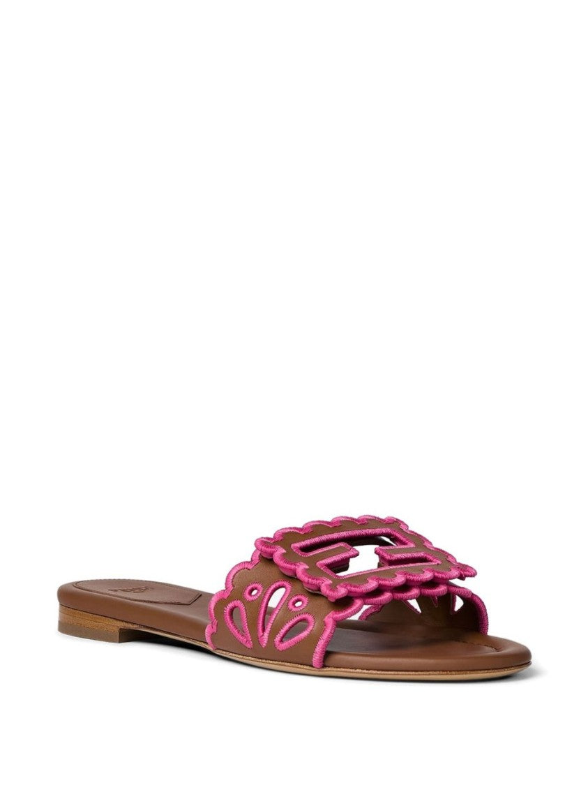 Fendi Brown Baguette Nappa Leather Scalloped Slides