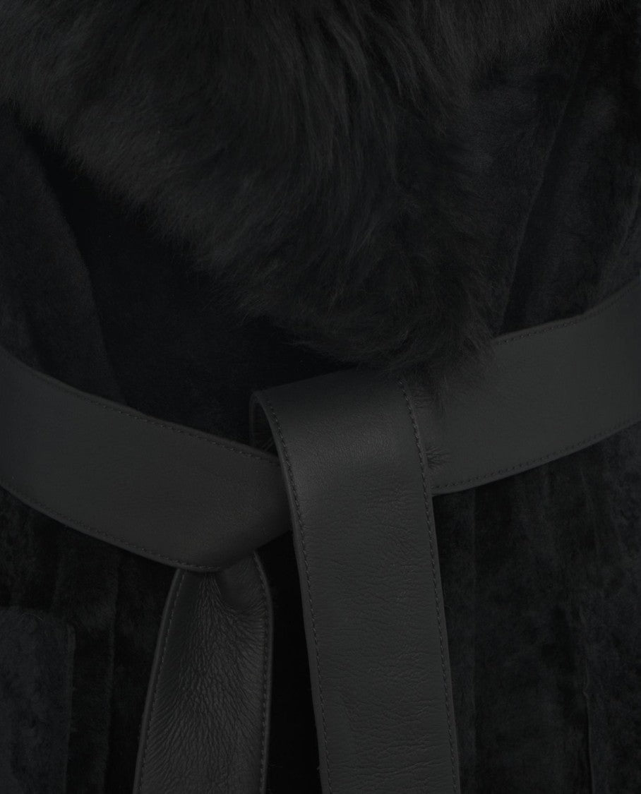 Desa 1972 Voluminous Black Fur Coat With Generous Collar And Waist Belt