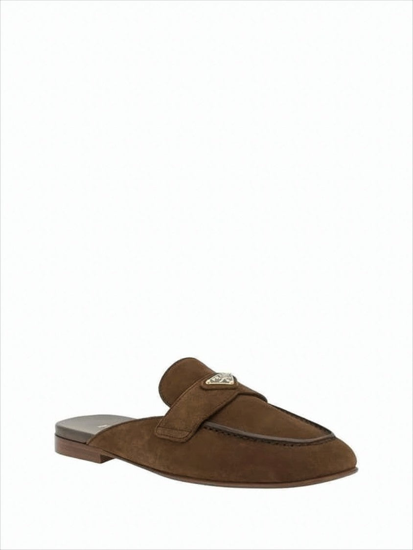 Prada Brown Suede Slip-On Flats With Metallic Emblem