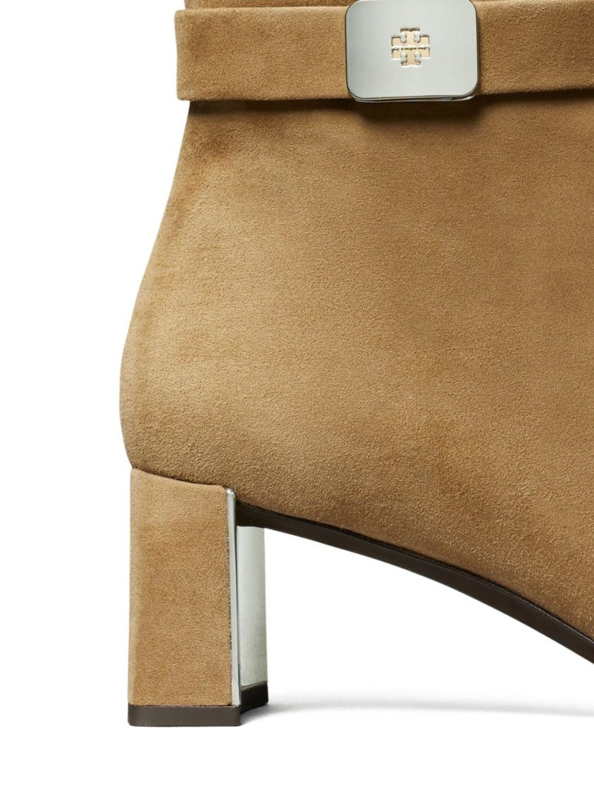 Tory Burch Pointed Toe Suede Ankle Boots With Metallic Accents
