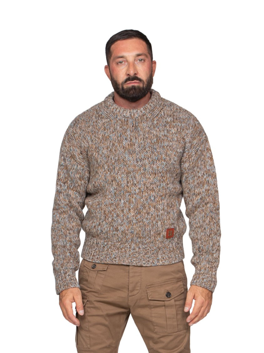Dsquared2 Chunky Knit Sweater With Marled Pattern And Leather Detail