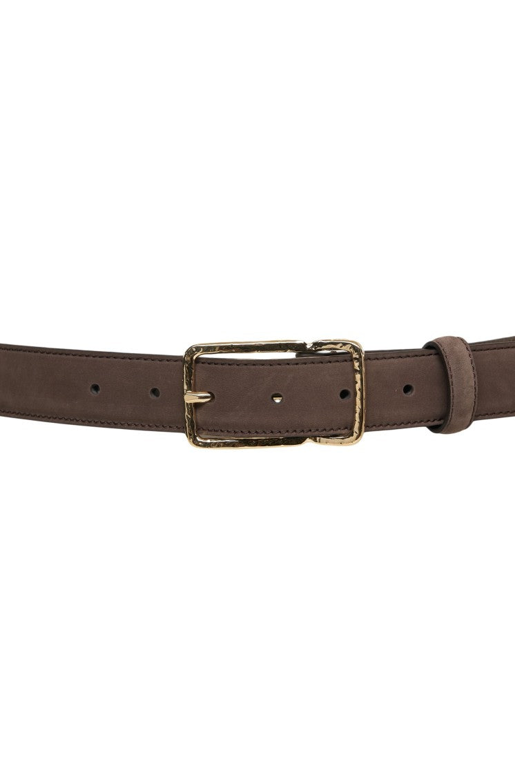 Gavazzeni Brown Nubuck Belt With Textured Gold-Tone Buckle