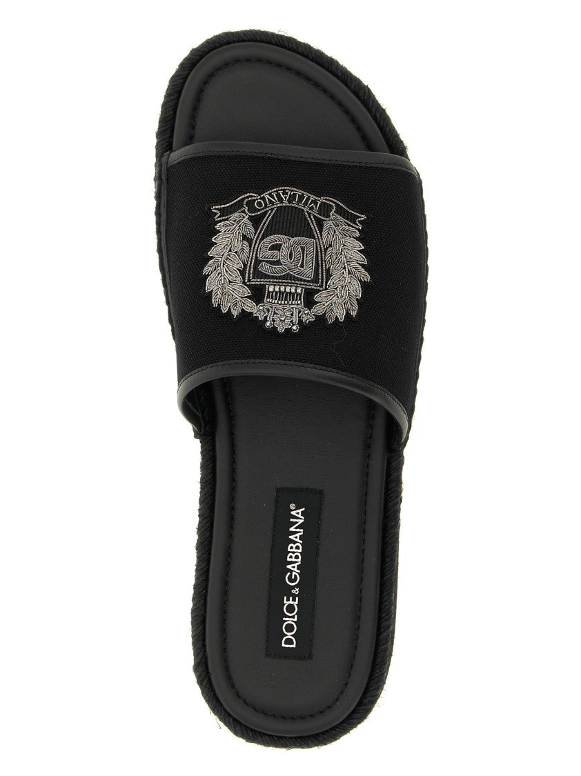 Dolce & Gabbana Leather Espadrilles With Embroidered Crest And Woven Midsole