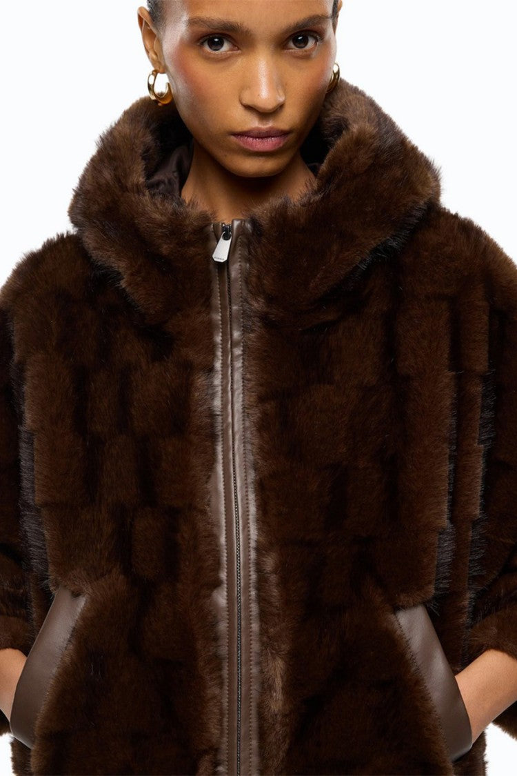 Pinko Brown Polyester Fur-Effect Hooded Jacket
