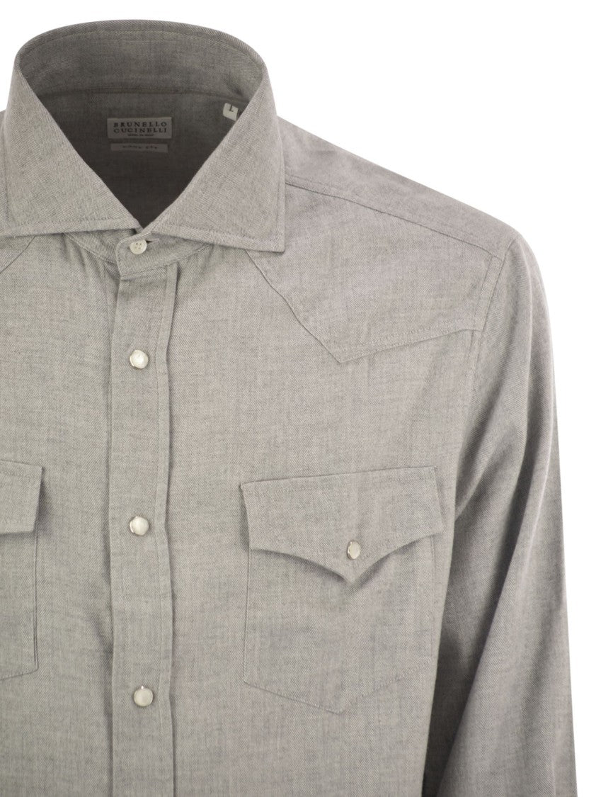 Brunello Cucinelli Stretch Cotton Chevron Flannel Easy Fit Shirt