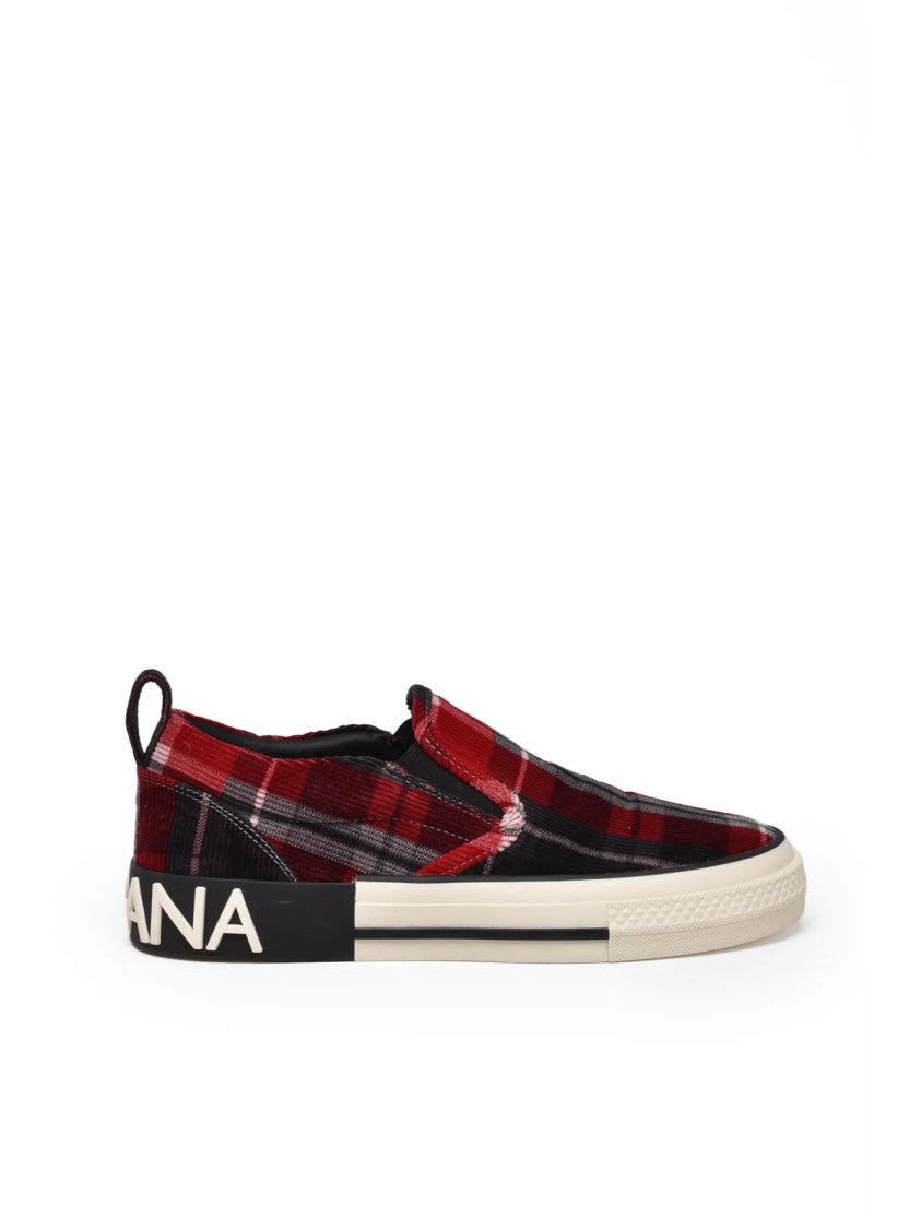 Dolce & Gabbana Red Plaid Upper Velvet Slip-On Sneakers