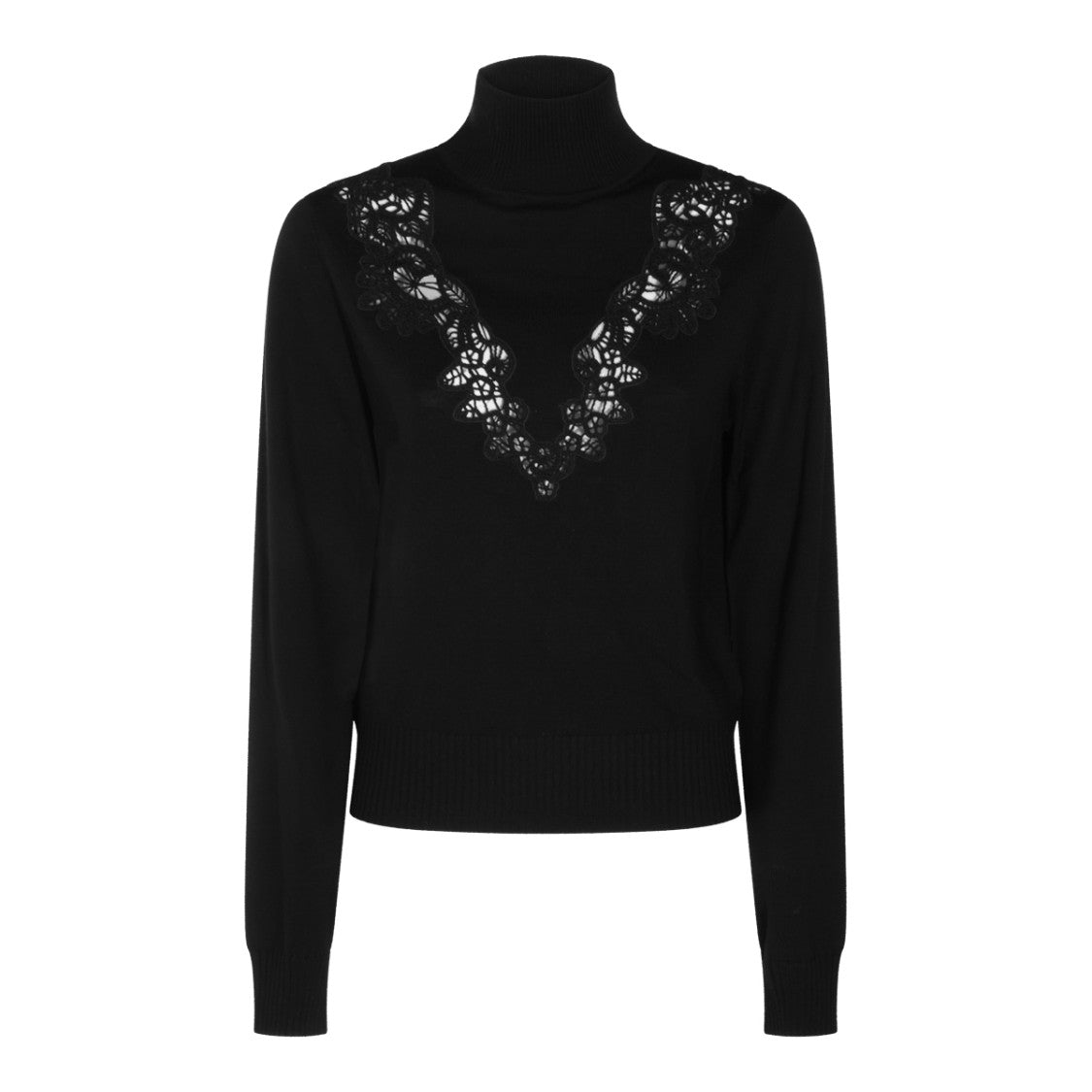 Zimmermann High Neck Black Sweater With V-Shaped Lace Applique