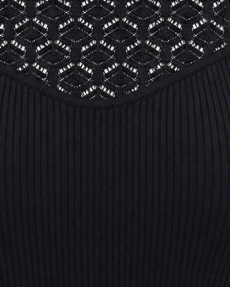 Patrizia Pepe Sleeveless Ribbed Top With Perforated Yoke And Mesh Inserts