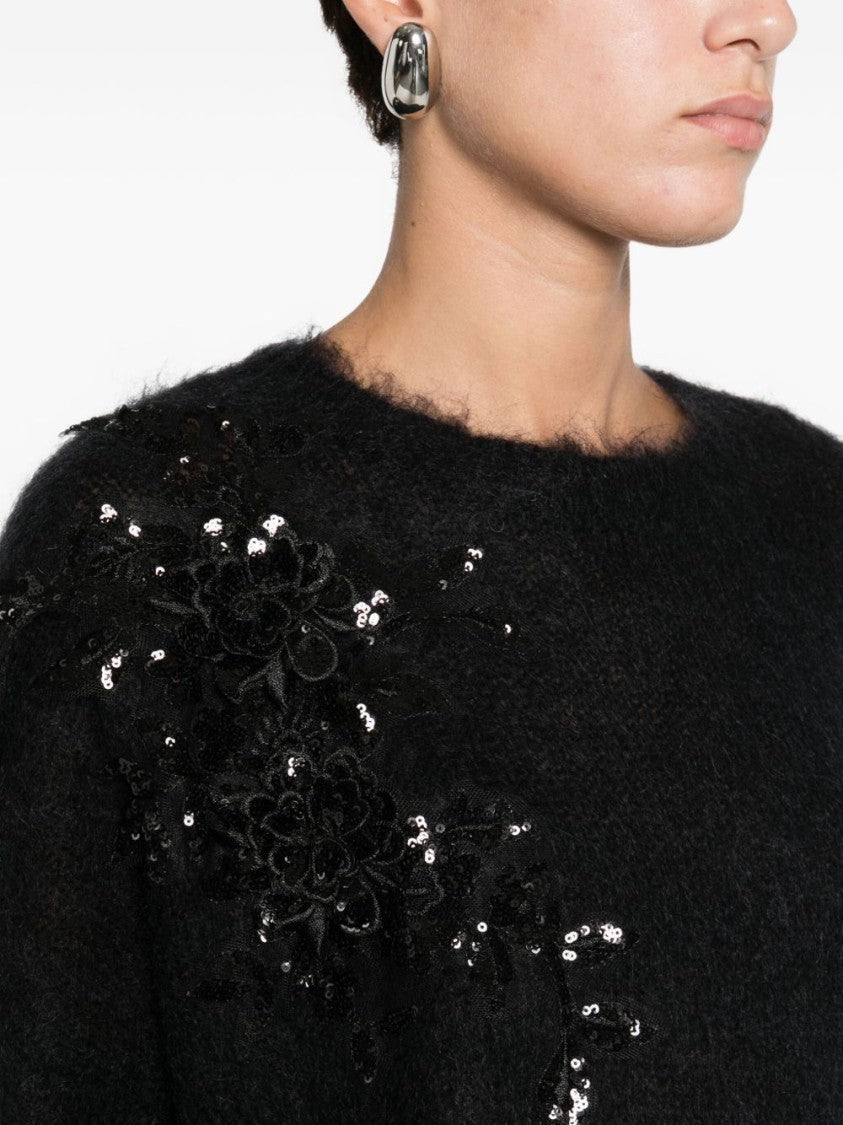 Blugirl Solid Black Knit Sweater With Round Neckline And Long Sleeves