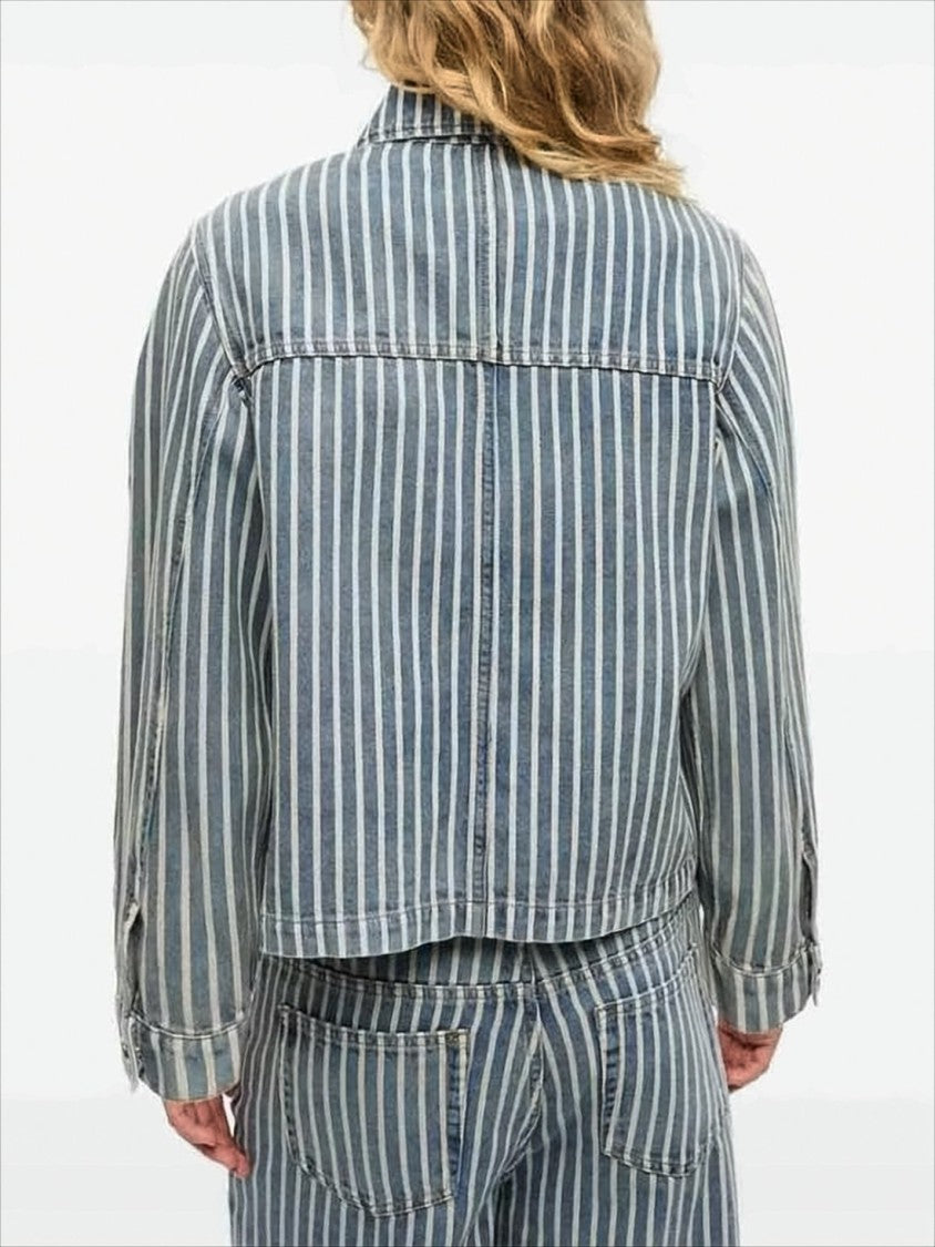 Ganni Cropped Denim Jacket With Vertical Stripes