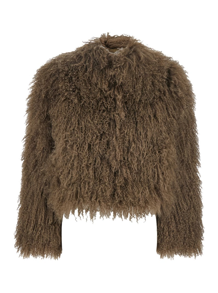 Plain Textured Brown Tibet Fur Short Jacket