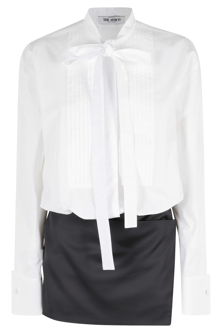 The Attico White Black Pussy-Neck Satin-Skirt Cotton Mini Dress