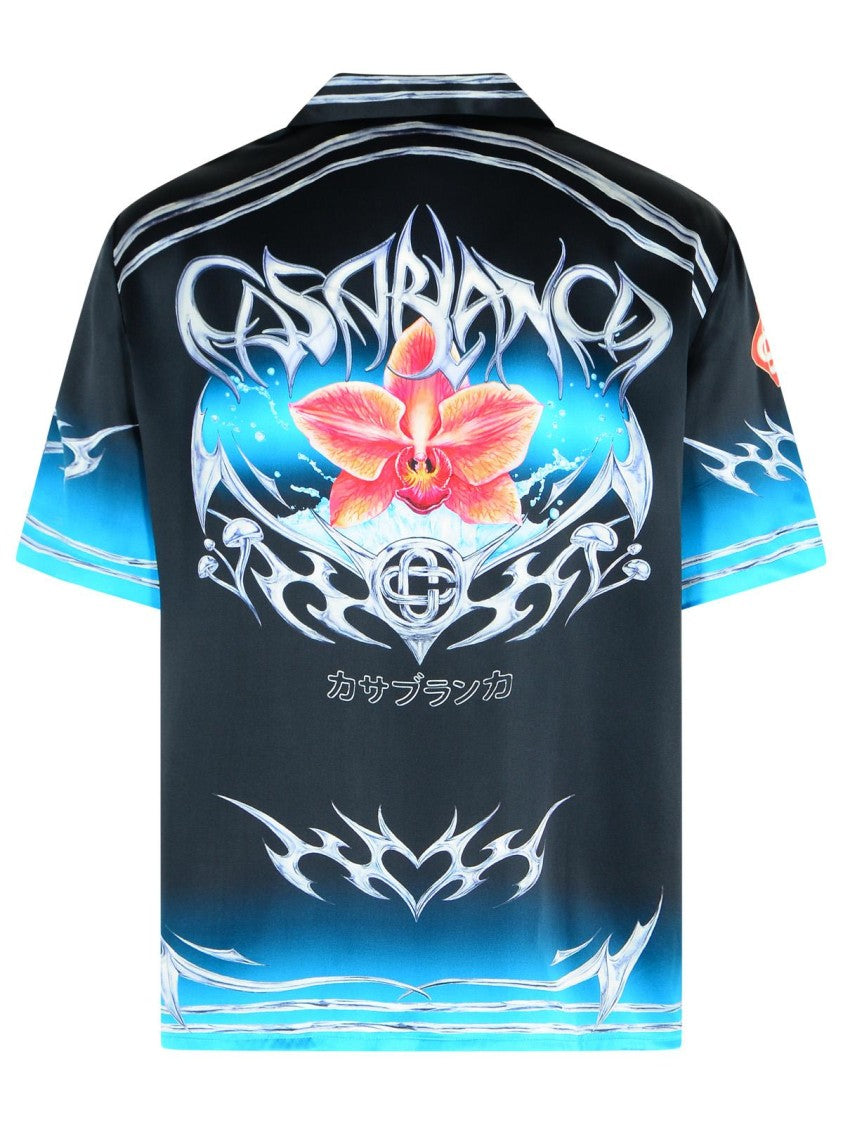 Casablanca Cuban Collar Black Silk Shirt With Blades Pattern