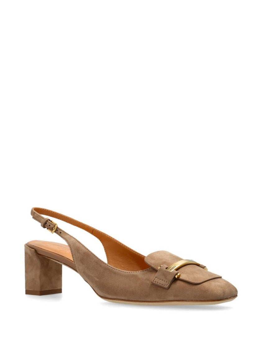 Tod's Pointed Toe Slingback Heels With Metallic Bow Accent