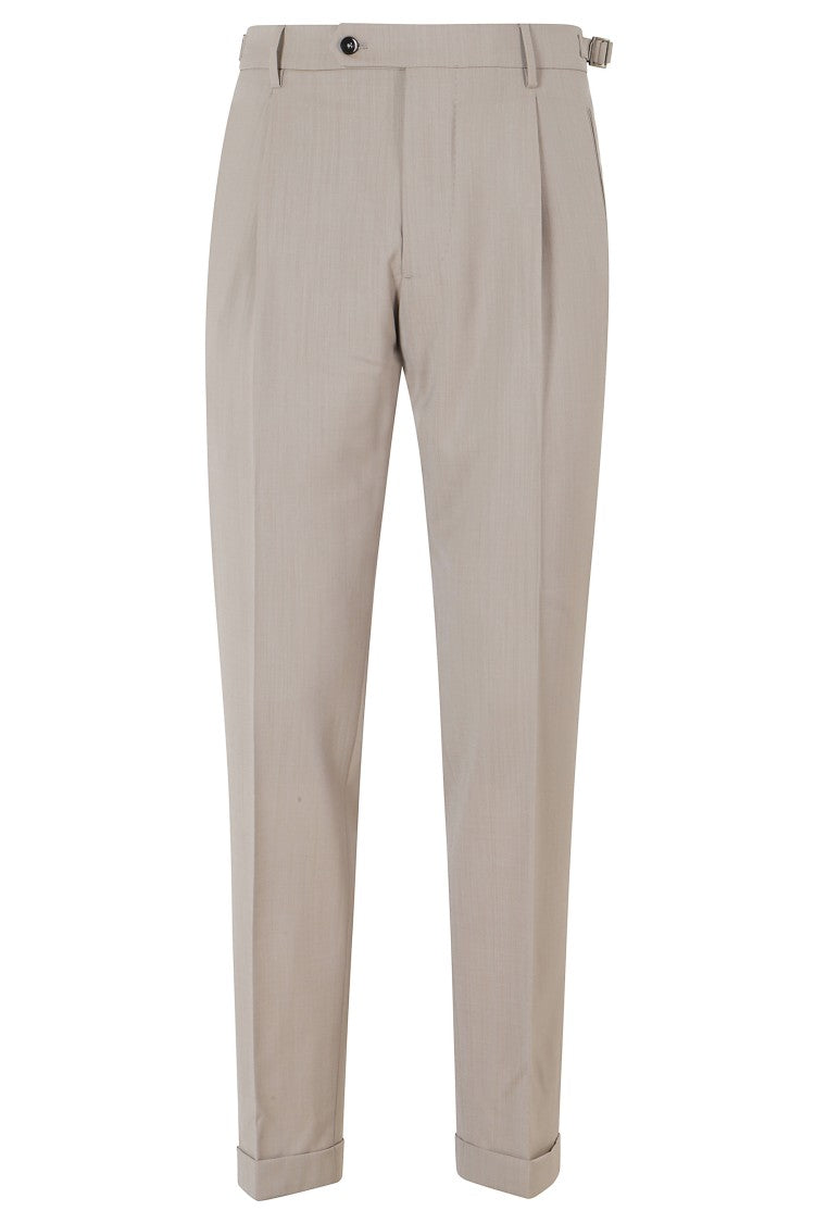 Berwich Beige Retro Darts Waist Strap Wool-Blend Trousers