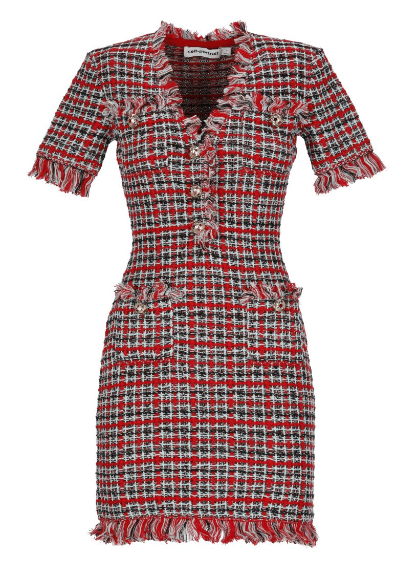Self-Portrait Checkered Midi Dress With Fringed Neckline And Jewel Buttons
