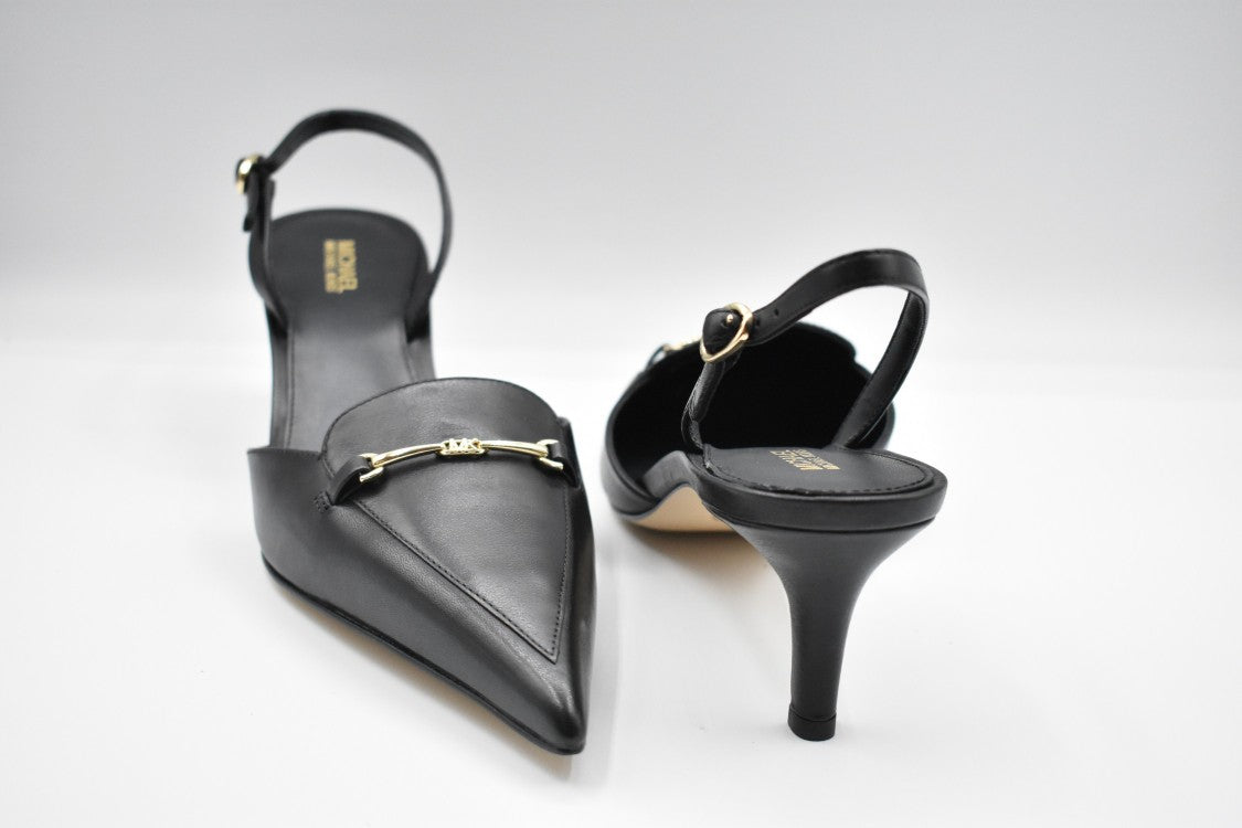 Michael Kors Pointed Toe Pumps With Ankle Strap And Gold Accent