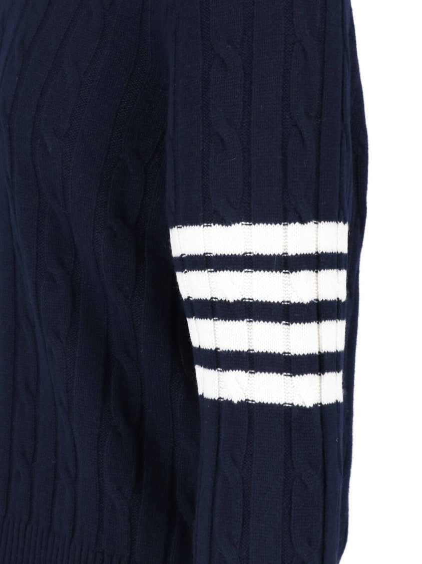Thom Browne Blue 4-Bar Cable-Knit Cashmere V-Neck Sweater